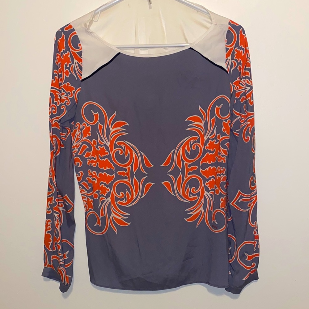 Small Hale Bob Coral Pink White Gray Long Sleeve Blouse 94% Silk 6% Spandex